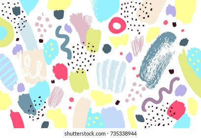 Brush, marker, pencil stroke pattern. Abstract background. Vector artwork. Memphis vintage, retro style. Children, kids sketch drawing. Pink, purple, beige, yellow, red, green, black, white colors.