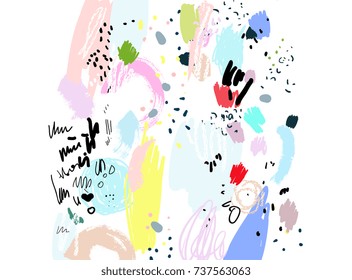 Brush, marker, pencil stroke pattern. Abstract background. Vector artwork. Memphis vintage, retro style. Children, kids sketch drawing. Blue, green, yellow, pink, red, gray, black, white colors.