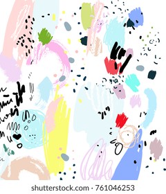 Brush, marker, pencil stroke pattern. Abstract background. Vector artwork. Memphis vintage, retro style. Children, kids cute sketch drawing. Pink, purple, beige, yellow, red, green, black colors.