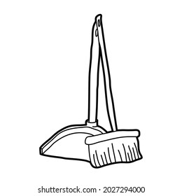 brush mop broom and bucket lineart vector illustration icon design template with doodle hand drawn style for cleaning and print coloring book
