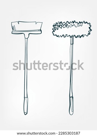 brush and mop cleaning home stuff line art vector isolated contour one line isolated