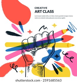 Brush and multicolor pencils in human hand on paints blots background. Kids creative art and craft class concept. Vector hand drawn overlay sketch illustration. Colorful banner poster design template