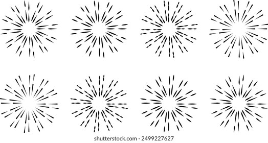 Brush ornament lines sun icons and sunbeam collection. Hand drawn design elements, starburst logo, labels, badges, linear drawing, design. Sunburst symbol. Hand-drawn rays and retro Sunburst shape set