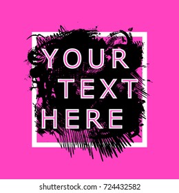 Brush paint acrylic texture in black over white square frame. Creative watercolor design for headline, sale banner, template. Art abstract background on vibrant pink wallpaper with sample text.