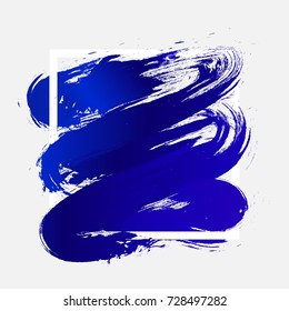 Brush paint acrylic texture in classic blue gradient over white square frame. Creative watercolor design for headline, sale banner, template, logo. Art abstract background isolated on white wallpaper.