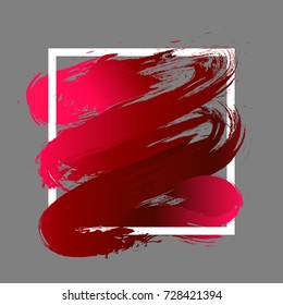 Brush paint acrylic texture in dark red gradient over white square frame. Creative watercolor design for headline, sale banner, template, logo. Art abstract background isolated on grey wallpaper.
