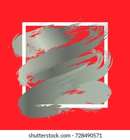 Brush paint acrylic texture in dark red gradient over white square frame. Creative watercolor design for headline, sale banner, template, logo. Art abstract background isolated on grey wallpaper.