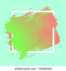 Brush paint acrylic texture in green and pink gradient over white square frame. Creative watercolor design for headline, sale banner, template. Art abstract background on pastel blue wallpaper. 
