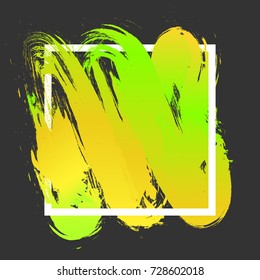 Brush paint acrylic texture in green yellow gradient over white square frame. Creative watercolor design for headline, sale banner, template, logo. Art abstract background isolated on dark wallpaper.