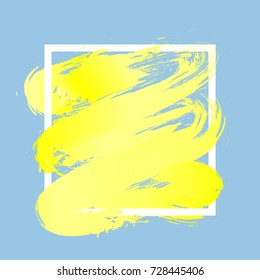Brush paint acrylic texture in yellow white gradient over white square frame. Creative watercolor design for headline, sale banner, template, logo. Art abstract background isolated on blue wallpaper.