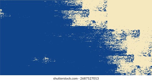 Fondo de pintura de pincel. Abstractas patrón de trazo azul. Línea de salpicadura de Vector. Efecto de pulverización de acuarela. Textura de papel Grunge. Forma dibujada a mano. Mancha de tinta en bolso amarillo vintage. Ilustración de Vector