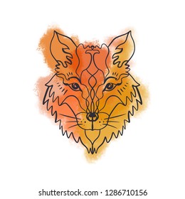 Brush paint background. Beautiful totem wolf or fox, boho hippie illustration for sketches of tattoos. Northen style, sticker. Antistress art. Good for t-shirts design, bags, phone cases