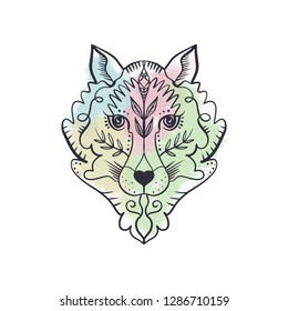 Brush paint background. Beautiful totem wolf or fox, boho hippie illustration for sketches of tattoos. Northen style, sticker. Antistress art. Good for t-shirts design, bags, phone cases