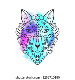 Brush paint background. Beautiful totem wolf or fox, boho hippie illustration for sketches of tattoos. Northen style, sticker. Antistress art. Good for t-shirts design, bags, phone cases, room posters