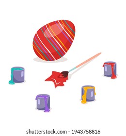 Brush paint and cans and red Easter egg with pattern. Happy Christian religious holiday and traditions. Spring festive decorations. Vector illustration