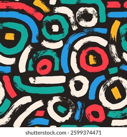 Brush paint curved lines seamless pattern. circles and stripes endless background. Tribal repeat cover. continuous ornament. Surface pattern design abstract graffiti motif. Vector hand drawn art.