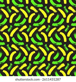 Brush paint curved lines seamless pattern. Bold stroke shapes endless background. Abstract repeat cover. Grunge arc continuous ornament. Vector hand drawn surface pattern design scribble dashes motif.