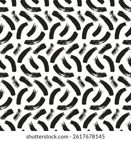 Brush paint curved lines seamless pattern. Bold monochrome stroke shapes endless background. Abstract repeat cover. Grunge arc continuous ornament. Vector hand drawn surface pattern scribble motif.