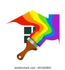 Brush with paint and house silhouette vector