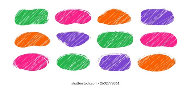 Brush paint line frame, round shape icon, colorful pencil texture, organic dirty blob, grunge stain, scribble crayon stroke spot, sketch form isolated on white background. Abstract vector illustration