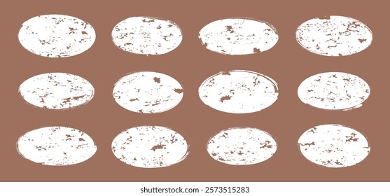 Brush paint oval, charcoal round blob, grunge texture stain, rough frame, crayon ellipse hand drawn, white chalk spot on mocha mousse background 2025 year. Vector illustration