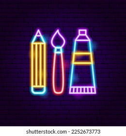 Brush Paint Pencil Neon Sign. Vector Illustration of Craft Handmade Promotion.