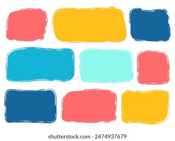 Brush paint rectangle square text box set. Colorful doodle abstract geometric frame. Empty highlight speech bubble. Playful kids simple textbox template collection. Abstract shapes isolated on white