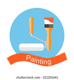 Brush and paint roller. Painting, repairing, restoration, renovating. Painting work. Painting tool symbol. Logo.