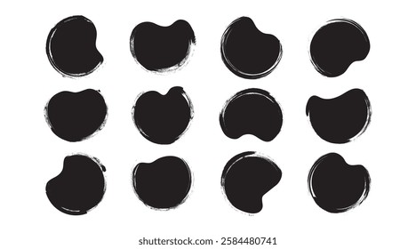 Brush paint shape, ink stain, organic irregular blob charcoal texture, black crayon round form, rough spot hand drawn, chalk scribble icon isolated on white background. Rough vector illustration