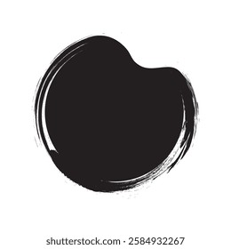 Brush paint shape, ink stain icon, organic irregular blob charcoal texture, black crayon round form, rough spot hand drawn, chalk scribble label isolated on white background. Rough vector illustration