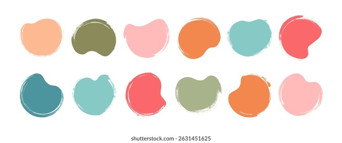 Brush paint shape, organic crayon stain, child irregular blob chalk texture, colorful pastel round form, rough spot hand drawn, charcoal doodle text box icon isolated on white bg. Vector illustration