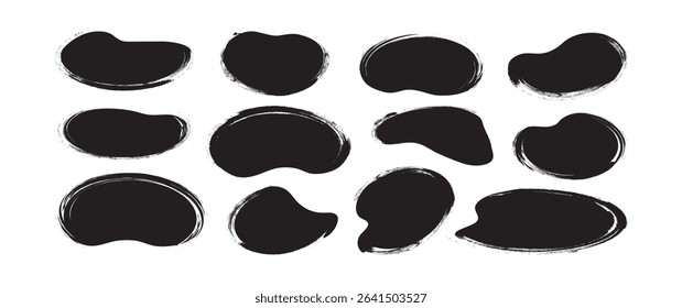 Brush paint shape, round grunge stain hand drawn, doodle sketch blob charcoal texture, black crayon organic form, rough ink spot, chalk scribble text box icon isolated on white bg. Vector illustration