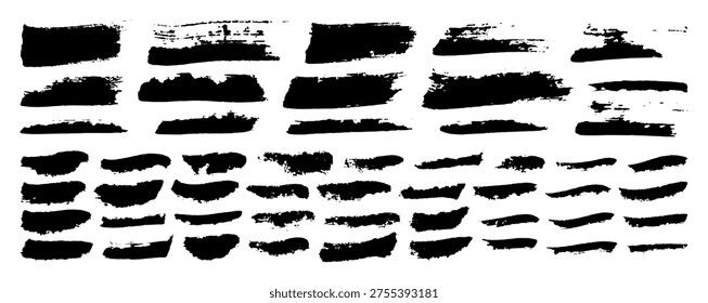 Brush paint shapes. Freehand ink stroke spray texture elements. Vector splash stains. Black Japanese frame border badge set. Chinese grungy brushstrokes. Dirty distress effect dry watercolor splatter