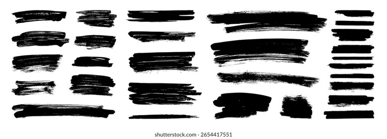 Juego de pinceladas de pinceladas. Fondo de textura de mancha negra salpicaduras de tinta de Vector abstracto. marcos de forma de boceto de marca de pincel áspero. Manchas de acuarela, líneas marcadoras. Vetas de carbón. Garabatos gruñones audaces