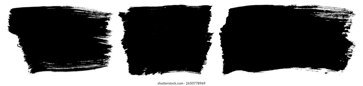 Brush paint stroke vector background. Black ink grunge texture on white paper. Wide bold brush stroke frames. Grungy isolated calligraphic smears. Set of dirty distressed square text boxes. Grunge bg