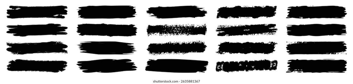 Brush paint strokes. Texture brushes and modern grunge brush lines. Ink brush artistic design element for frame design. Vector isolated elements set. Grungy black swatches. Rough smears