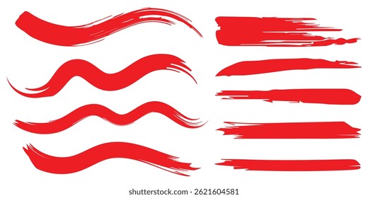 Conjunto de vetores de pintura de pincel. Traços de pincel de tinta bagunçado, borrões, pinceladas. AVCs de caligrafia chineses, japoneses, coreanos. coleção de pontos confusos do abstrato vermelho. AVC de vetor de pincel.
