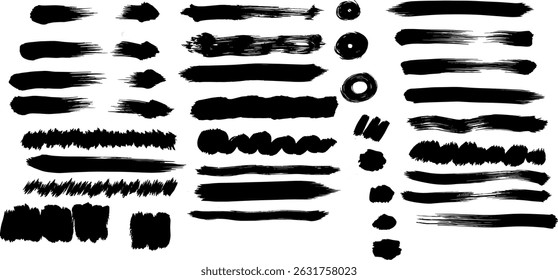 Conjunto de Vector de pintura de pincel. Pinceladas de tinta desordenadas, manchas, embadurnamientos. 