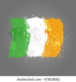 Brush painted abstract flag of Ireland. Hand drawn style illustration with a grunge effect and splashes on gray background