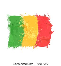 Brush painted abstract flag of Mali. Hand drawn style illustration with a grunge effect and splashes on white background