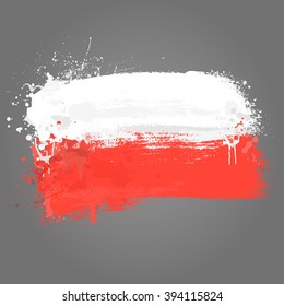 Brush painted abstract flag of Poland. Hand drawn style illustration with a grunge effect and splashes on gray background