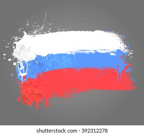 Brush painted abstract flag of Russia. Hand drawn style illustration with a grunge effect and splashes on gray background