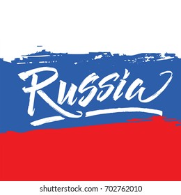 Brush painted abstract flag of Russia. Lettering word Russia on the flag background