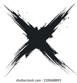 Brush painted black cross. Vector drawn splatter cross.