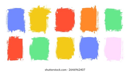 Brush painted colorful distressed frames. Textured childish art in vector. Bright paint stained abstract photo frames. Messy dabs and daubs on paper. Dirty messy kids fun design elements
