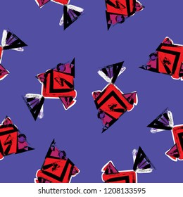 Brush painted of fish in hot tone. Abstract seamless pattern background.