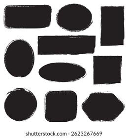 Cadres peints au pinceau, ensemble de différentes formes de timbre. Éléments géométriques à texture grunge dessinés à la main, bordures de texte carrées, rectangulaires, ovales et circulaires. Illustration vectorielle