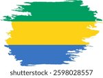 Brush painted Gabon flag. Grunge Gabon flag. Watercolor drawing national flag Gabon. Independence Day. Banner, poster template. National flag Gabon with coat arms.