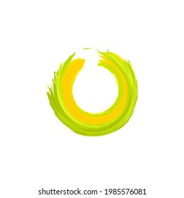 Brush painted green circle. Eco color oil round frame. Green enso symbol isolated on white. Yellow, green watercolor round shape. Hand drawn round paints trace, place for text, ring.