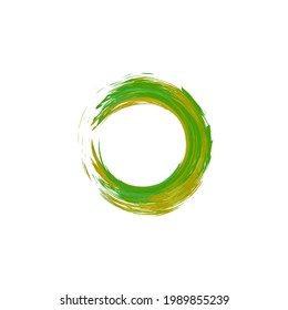 Brush painted green circle. Eco color oil round frame. Green enso symbol isolated on white. Yellow, green watercolor round shape. Hand drawn round paints trace, place for text, ring.